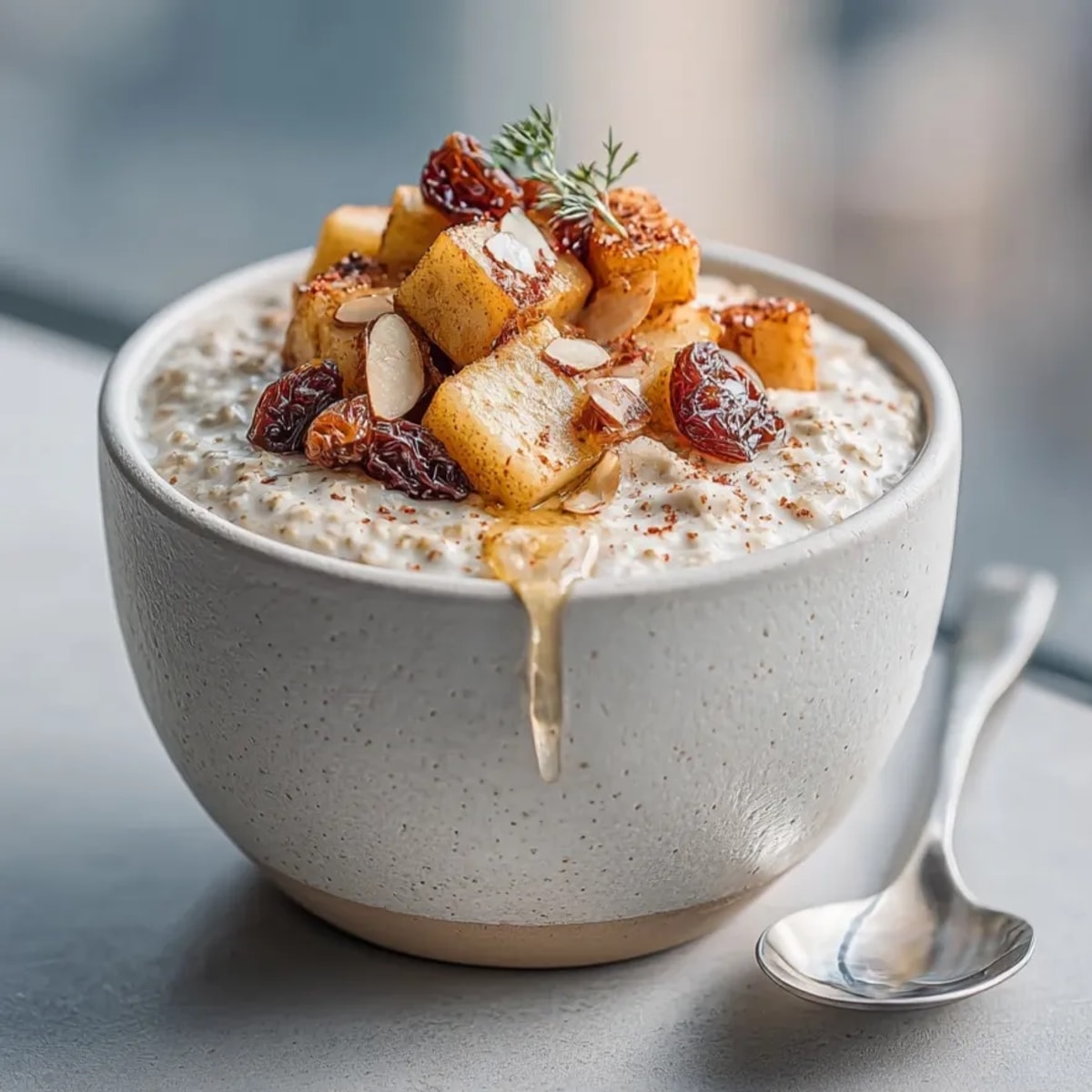Creamy Cinnamon Apple Overnight Oats recipe swirling with warm spices, ready for breakfast!