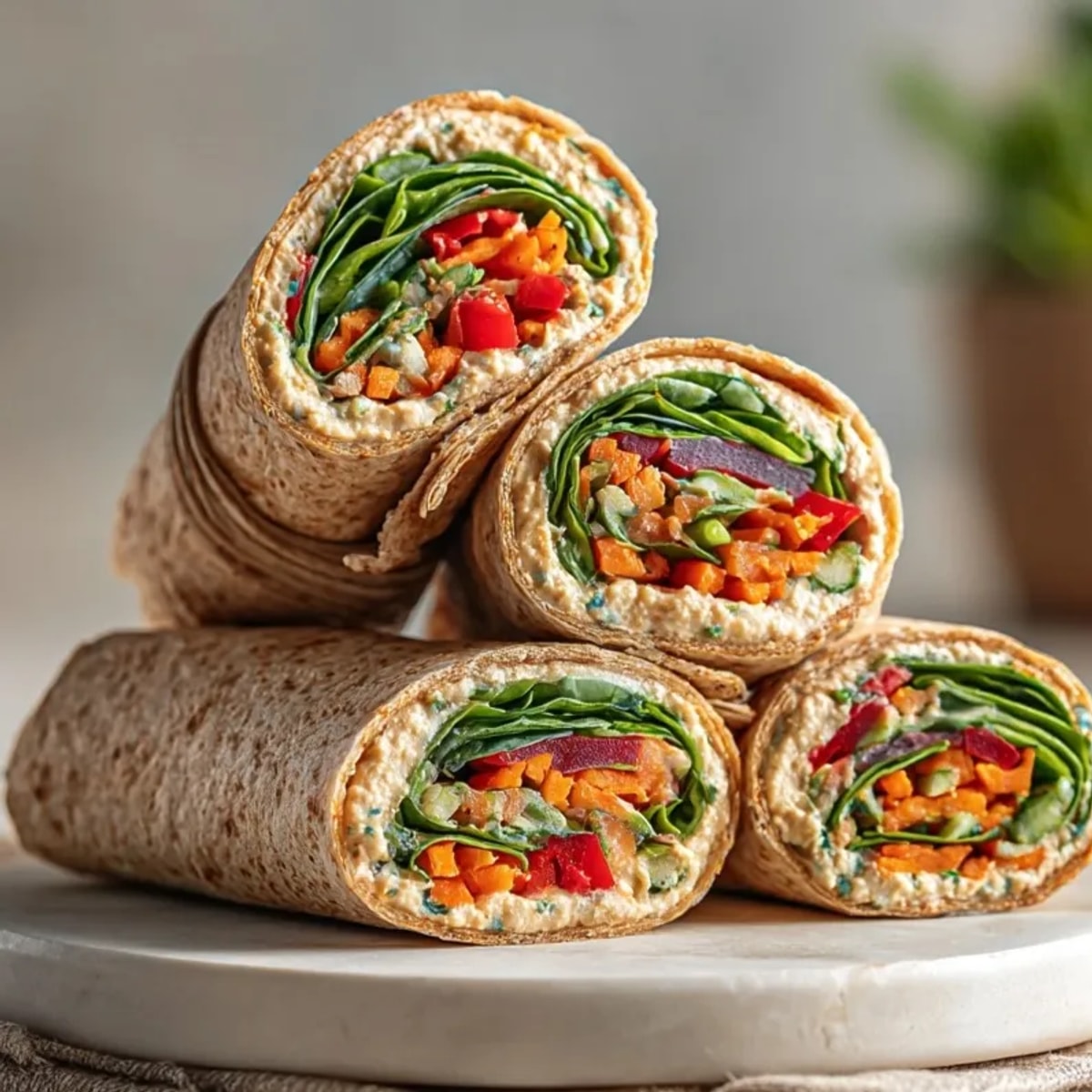 Creamy hummus veggie pinwheel rollups sliced showing vibrant colorful vegetables inside.