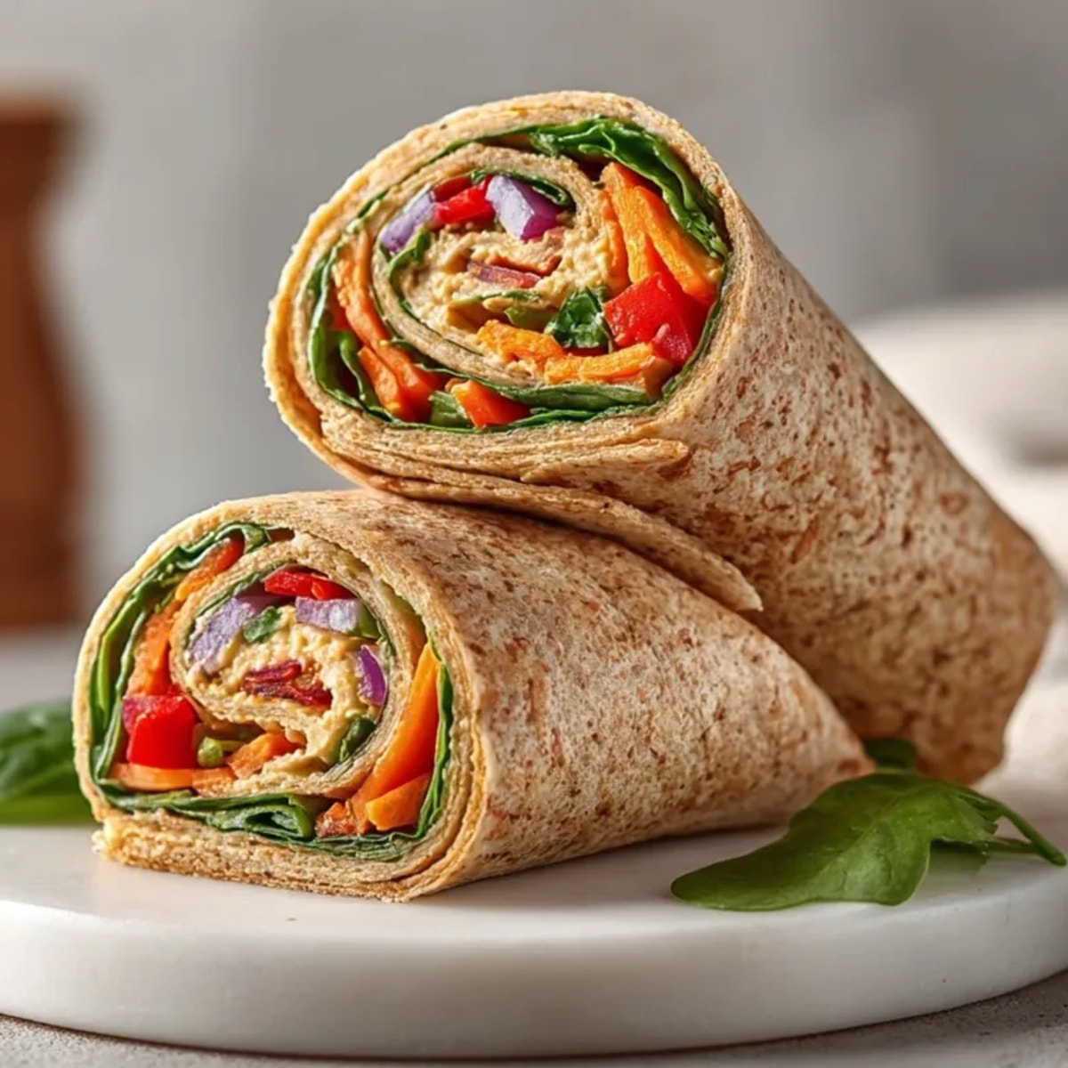 Delicious hummus veggie pinwheel rollups ready to serve as an easy appetizer.