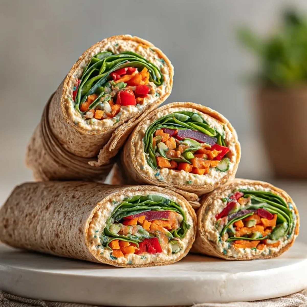 Making perfect hummus veggie pinwheel rollups: a healthy and colorful lunch option.