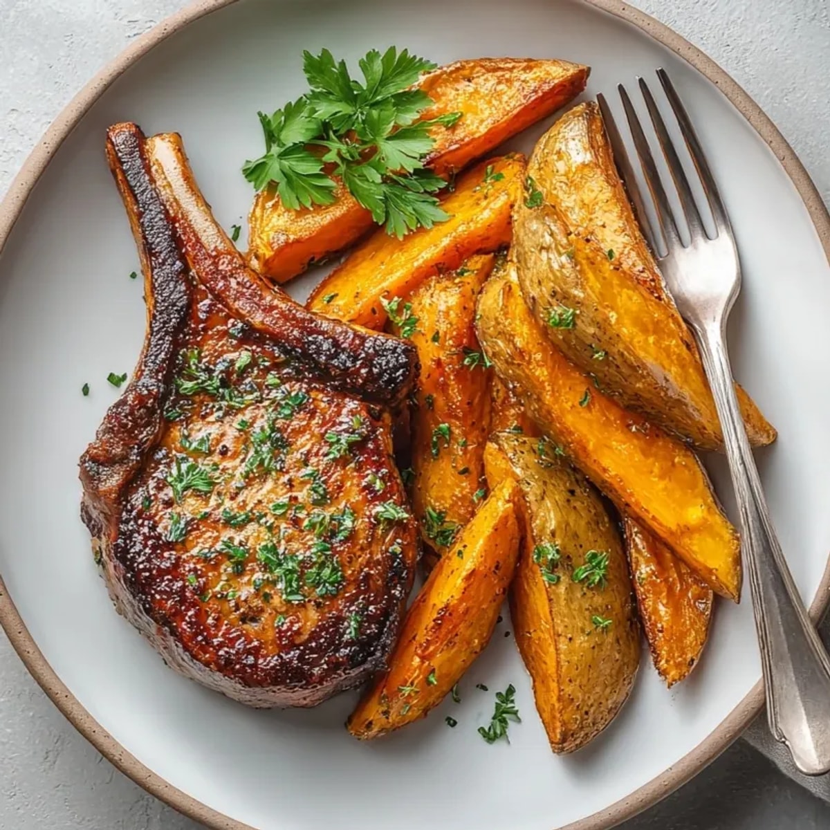 Juicy maple glazed pork chops with sweet potatoes, a colorful and delicious dish.