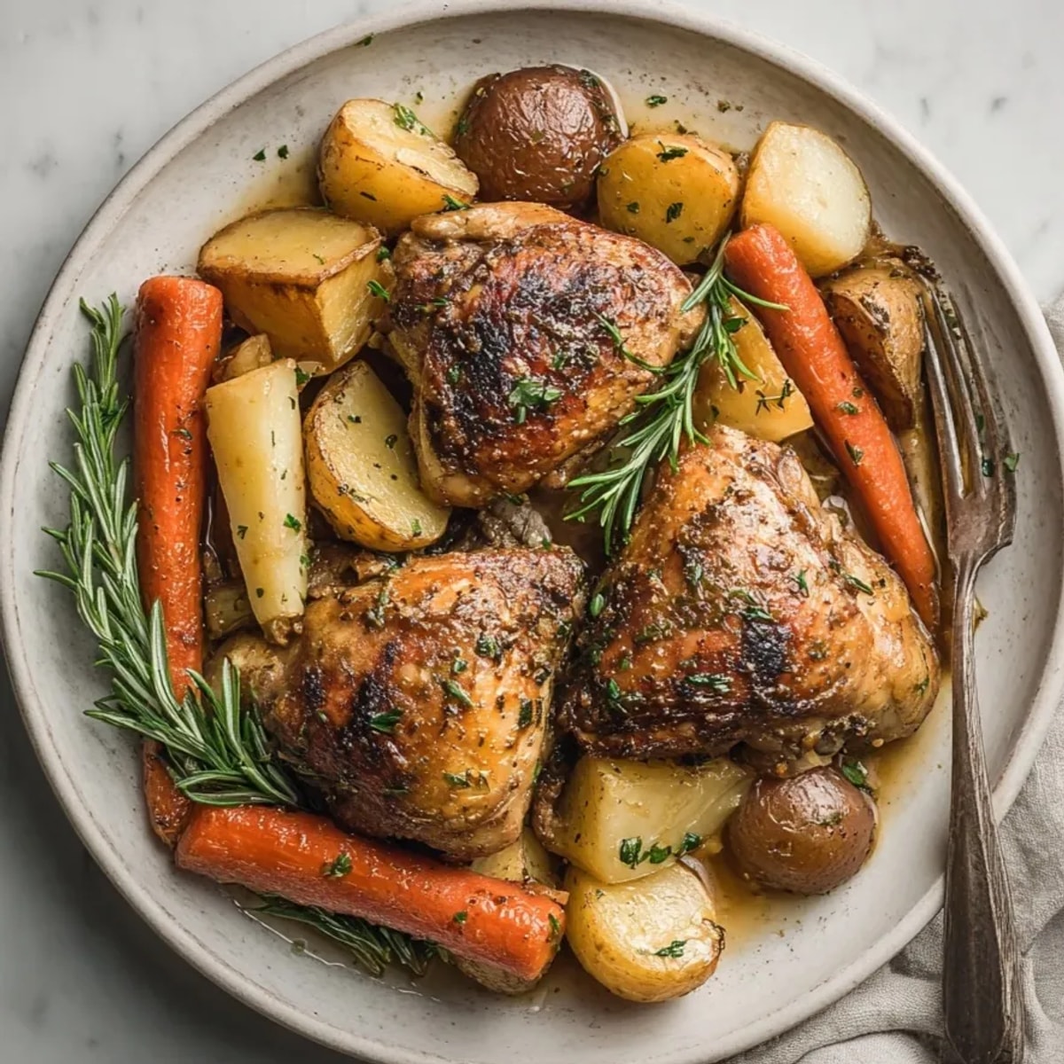 Crispy Herb-Roasted Chicken and Root Vegetables recipe: An easy weeknight dinner, seasoned and ready to serve.