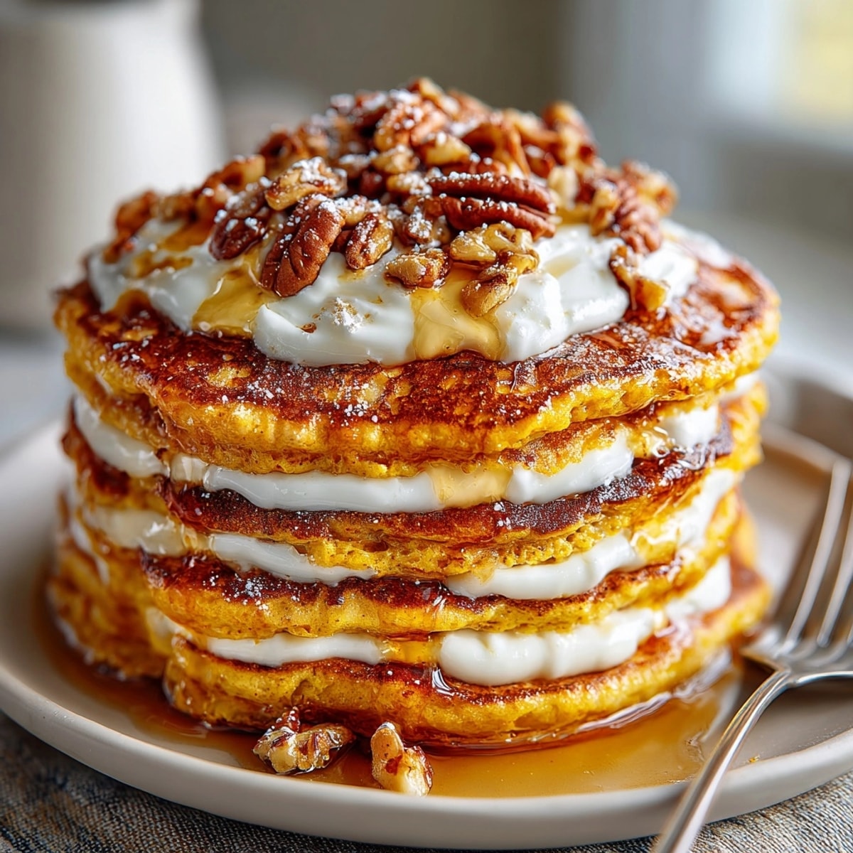Fluffy Pumpkin Cream Cheese Pancakes on a plate, ready for a cozy fall breakfast.