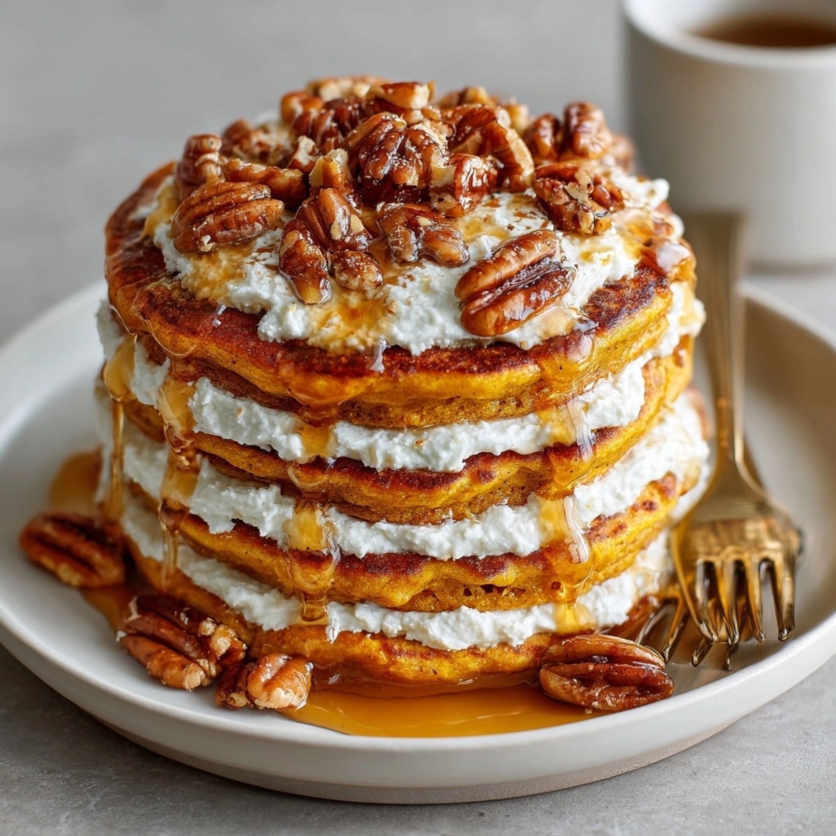 Stack of homemade Pumpkin Cream Cheese Pancakes; cinnamon scent, plated for delicious brunch.
