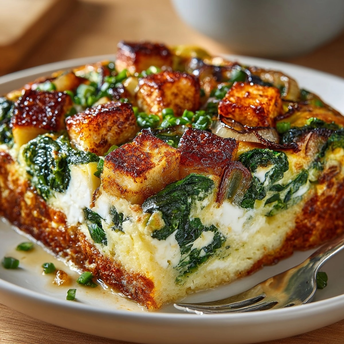Golden Spinach & Feta Breakfast Bake: A savory, cheesy egg dish fresh from the oven.