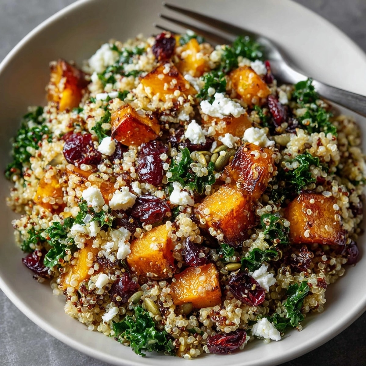 Autumn Harvest Quinoa Salad with Cranberries: vibrant, colorful grains with tart cranberries.