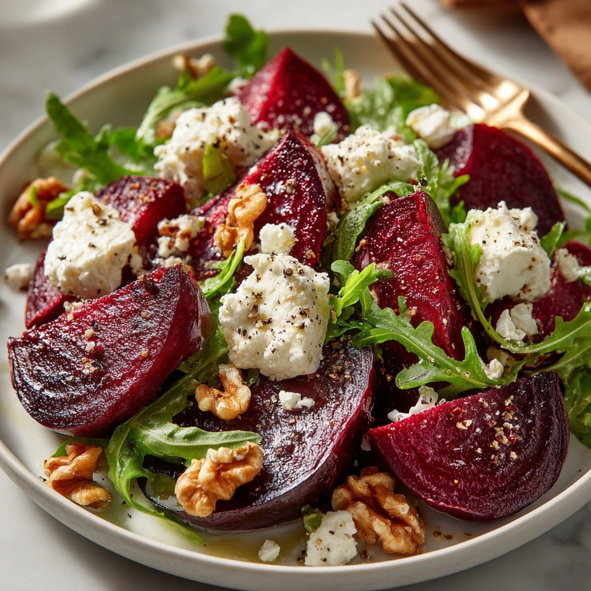 Roasted Beet and Goat Cheese Salad: earthy beets, tangy cheese, and vibrant greens drizzled.