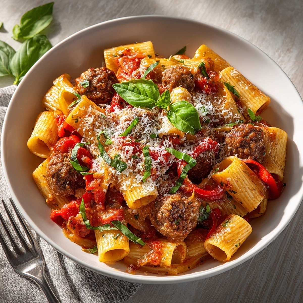 Close-up of spicy sausage rigatoni; al dente pasta in a rich, tomato cream sauce.