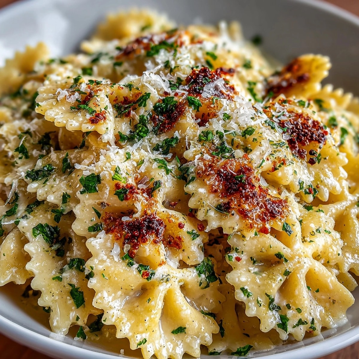 Creamy Garlic Parmesan Farfalle, glistening with sauce, served in a rustic ceramic bowl.