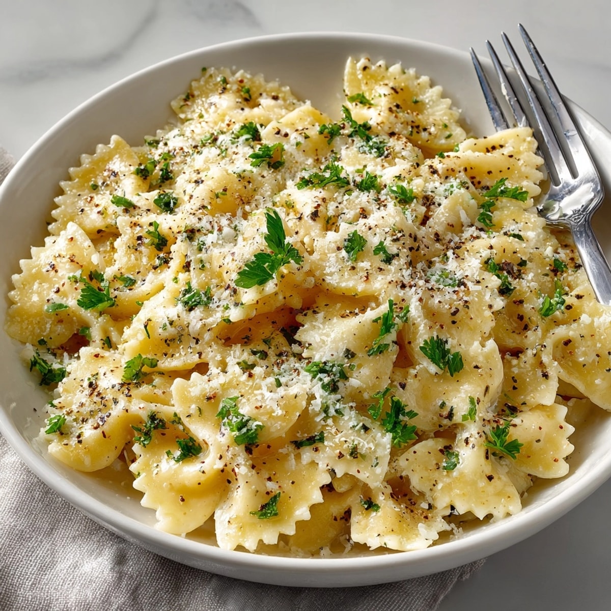 Buttery Creamy Garlic Parmesan Farfalle recipe: enjoy a comforting, cheesy pasta dinner tonight.