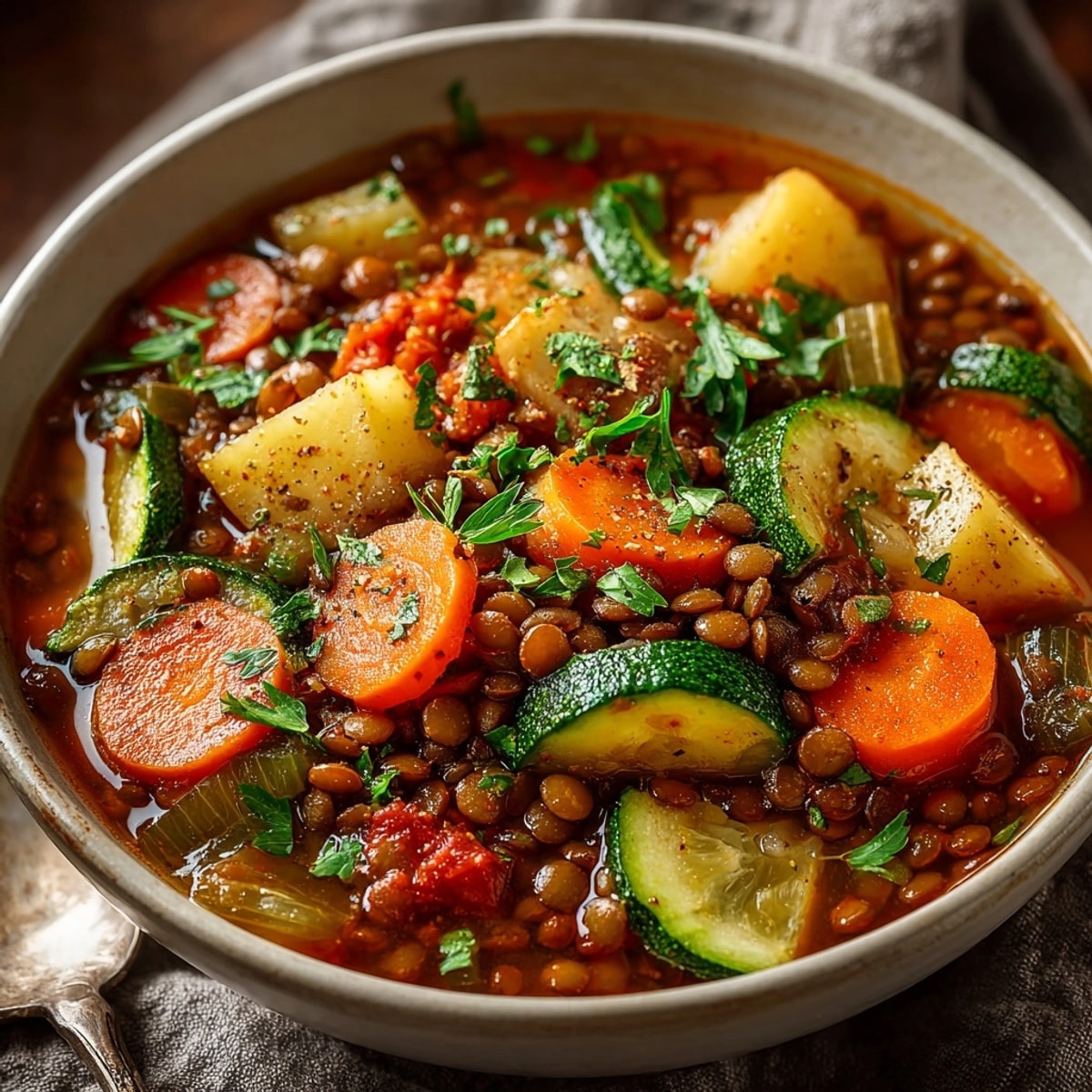 Hearty Lentil & Vegetable Stew simmers warmly, rich aromas hinting at savory herbs and spices.