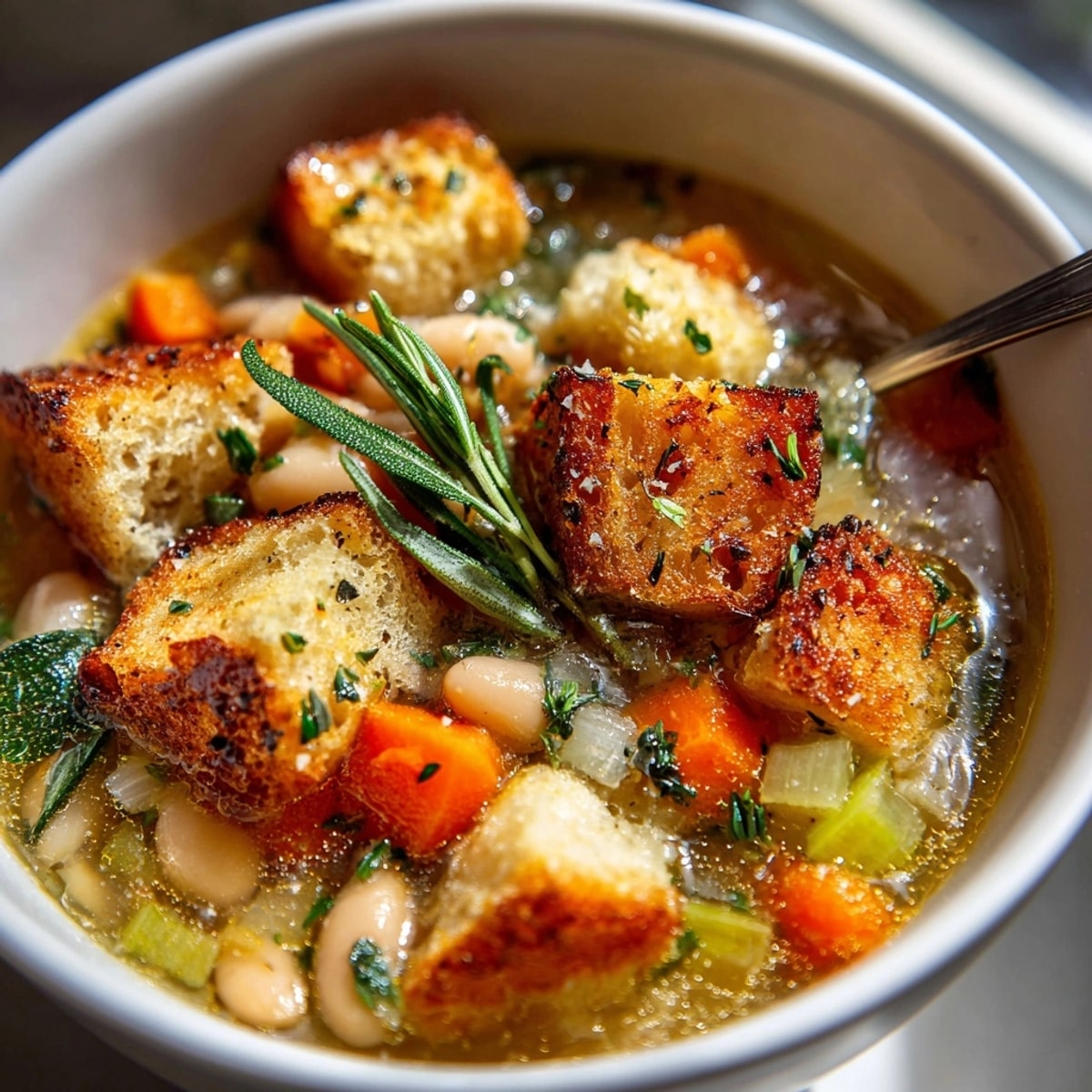 Creamy Tuscan White Bean Soup simmering gently, fragrant steam rising, ready to serve.