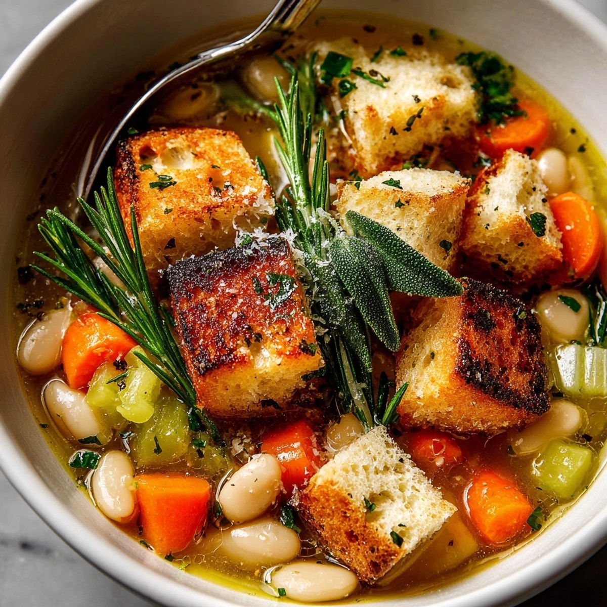 Hearty bowl of Tuscan White Bean Soup: rustic, savory, perfect for a cozy dinner.
