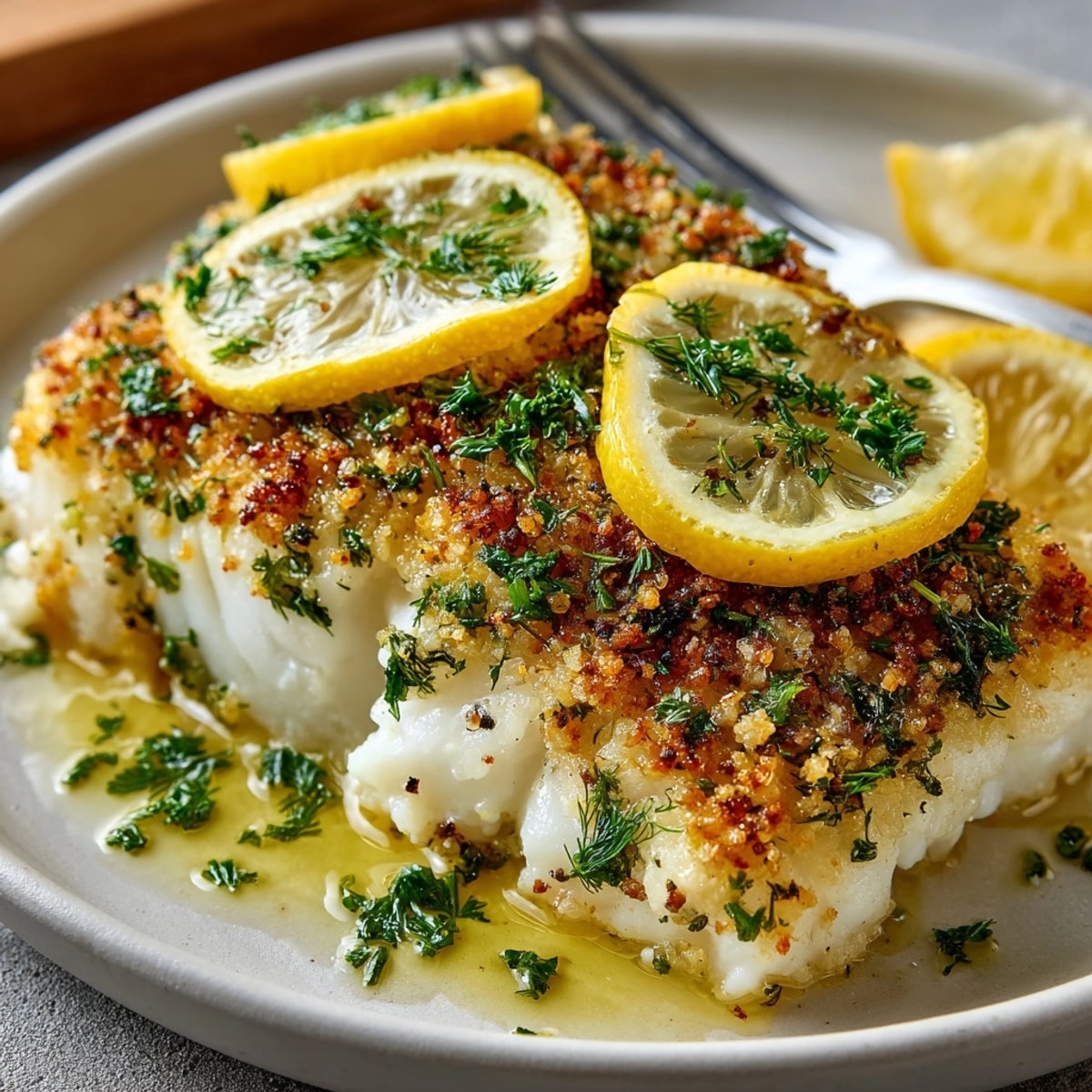 Flaky baked lemon herb cod: A bright, citrusy dish ready to serve.