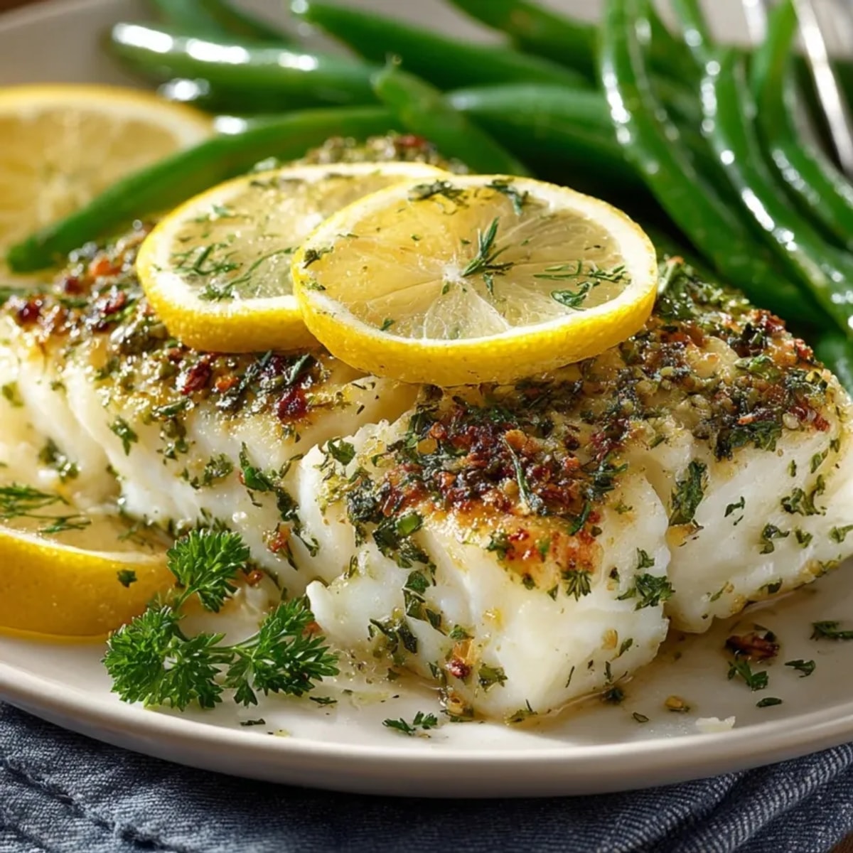 Golden baked lemon herb cod recipe, ready for a quick weeknight dinner.