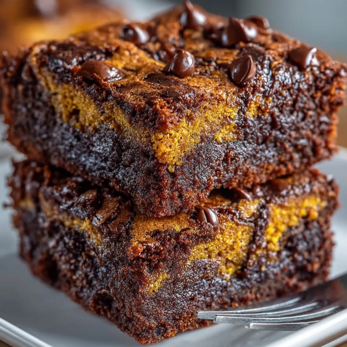 Rich, fudgy *Chocolate Pumpkin Swirl Brownies* fresh from the oven, ready to slice and serve.