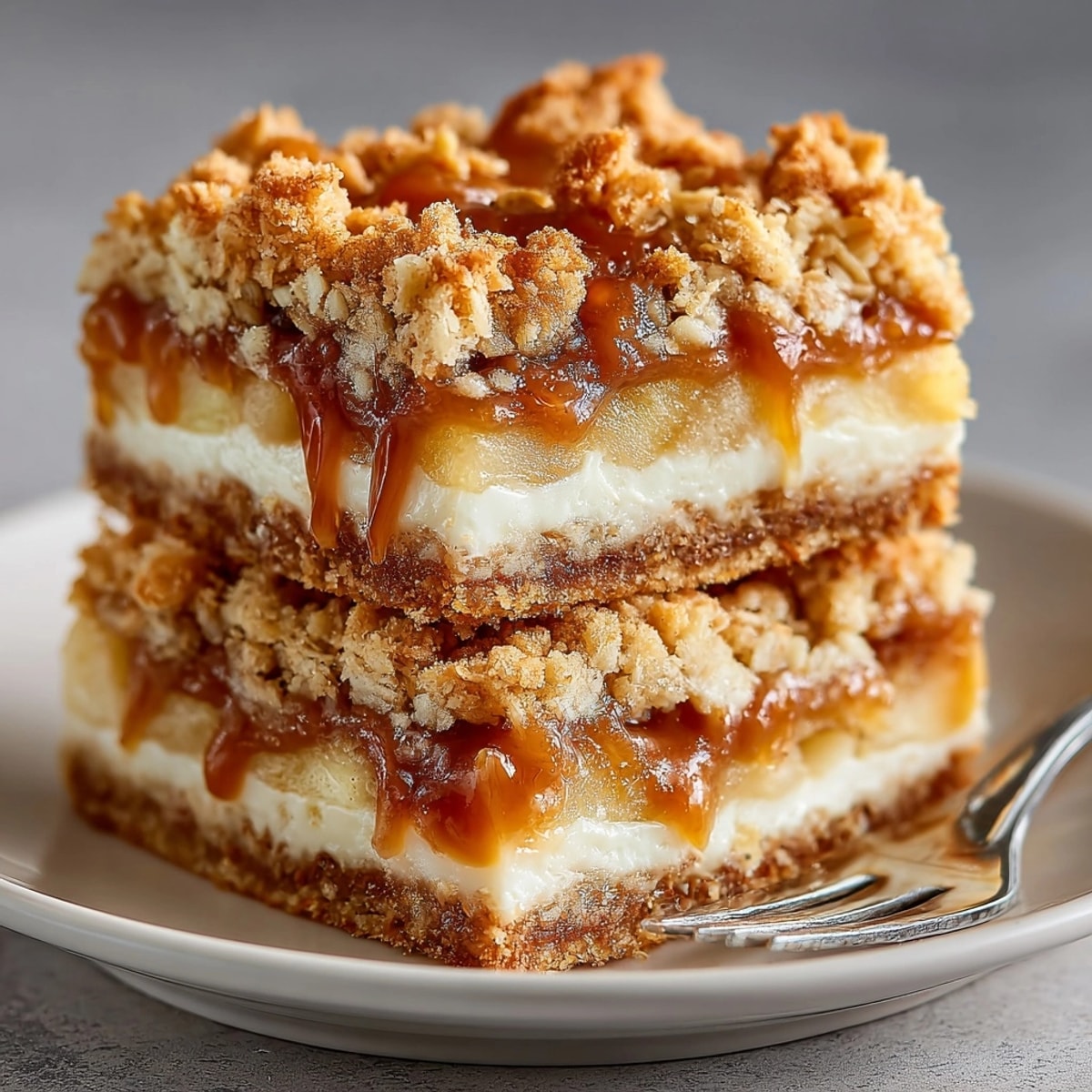 Golden Caramel Apple Crumble Bars, warm from the oven, perfect for fall baking.
