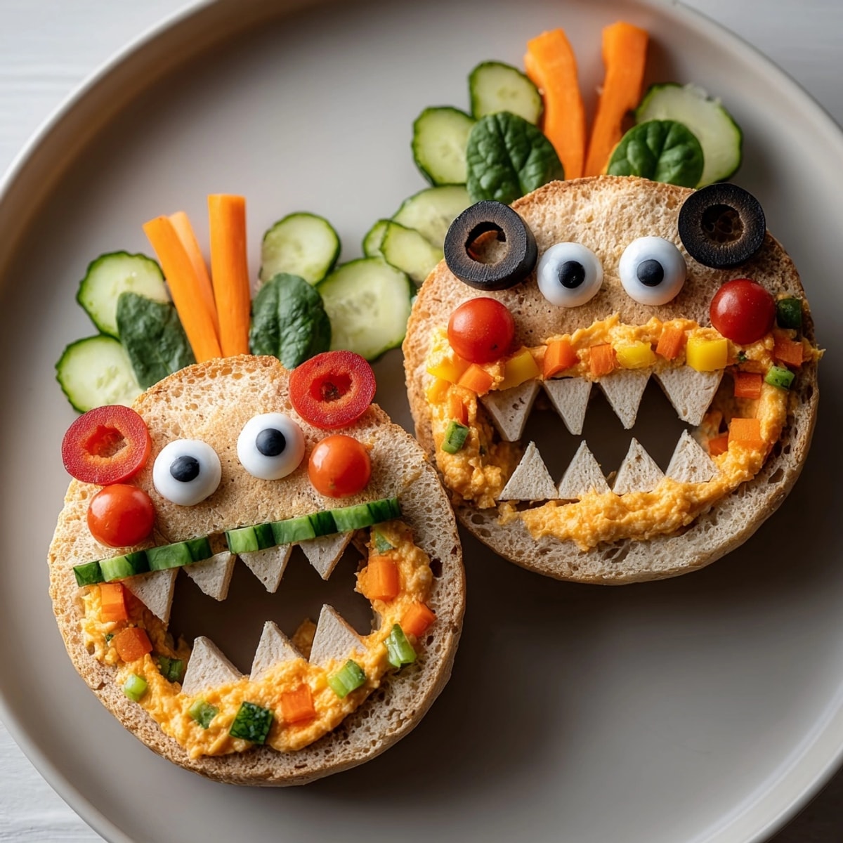Colorful Monster Face Bagels: Creamy veggie filling and playful veggie decorations create silly faces.