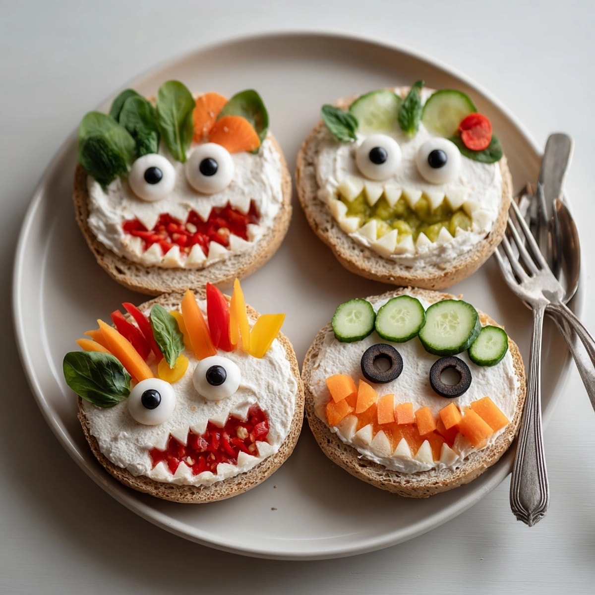 Homemade Monster Face Bagels feature a colorful, dairy cream cheese spread plus veggie toppings.