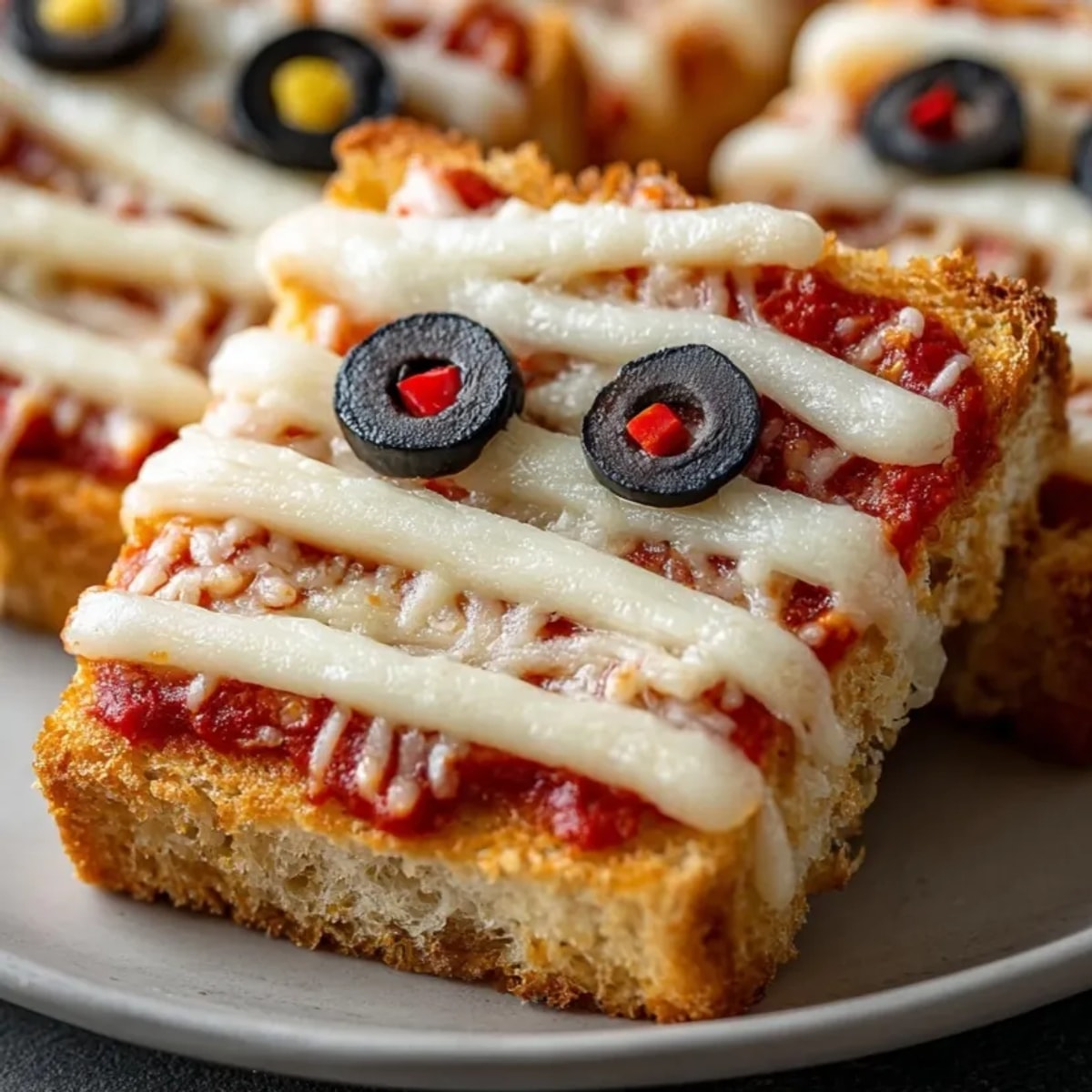 Baked Mummy French Bread Pizzas: A spooky, cheesy Halloween snack with olive eyes.