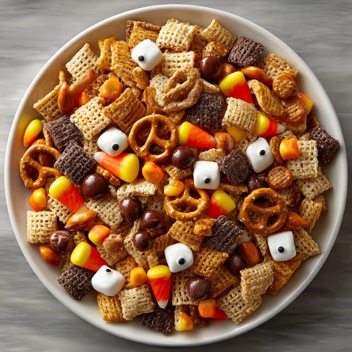 Delicious Monster Mash Snack Mix: A colorful Halloween treat with sweet candy and crunchy pretzels.