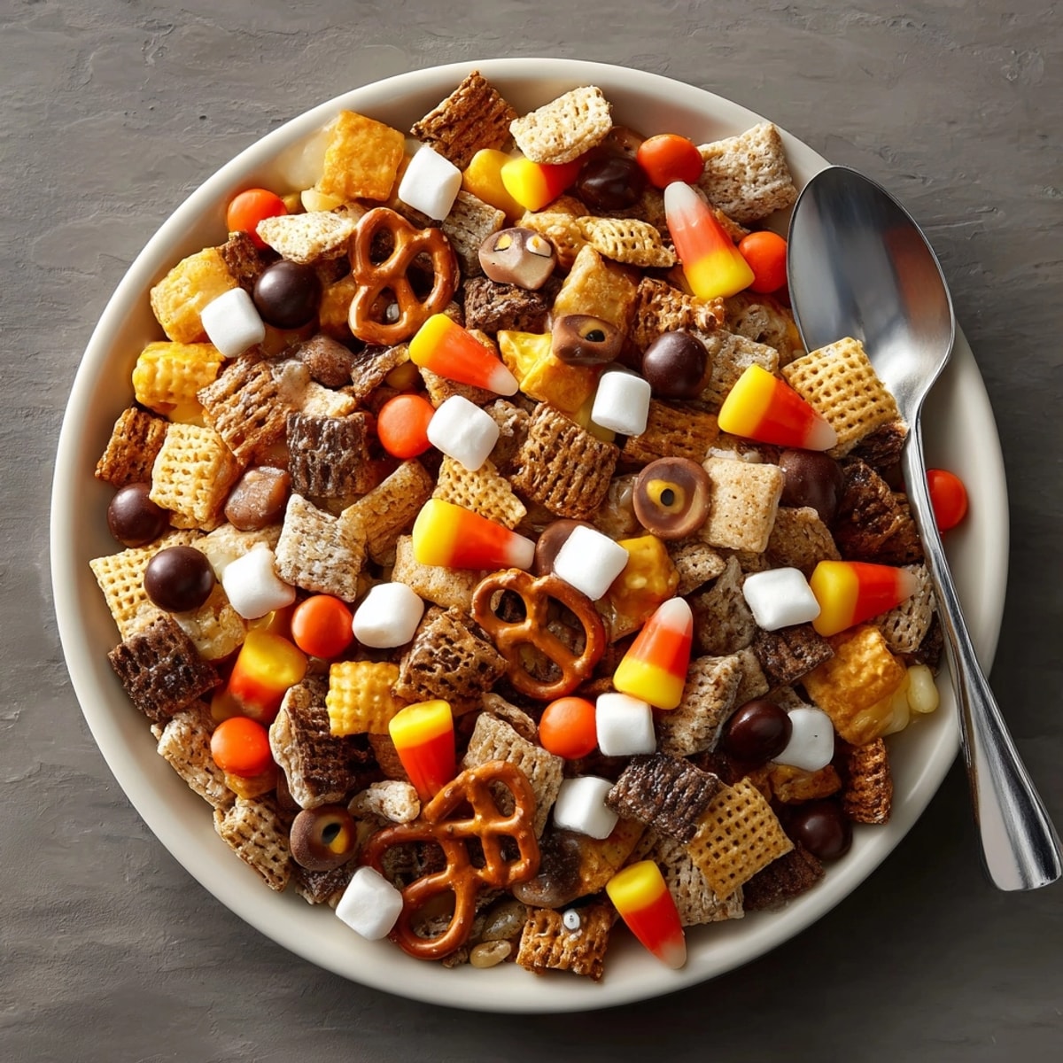 Bowlful of homemade Monster Mash Snack Mix, perfect for spooky season celebrations and snacking.
