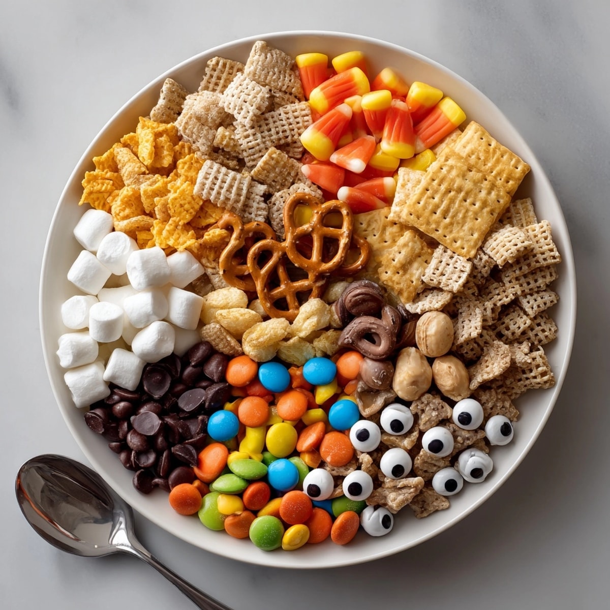 Festive, eye-catching Monster Mash Snack Mix recipe, filled with colorful candies and salty crunch.