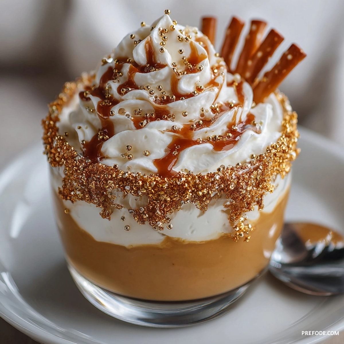 Creamy Butterscotch "Potion" Pudding Shots, chilled and garnished with sparkling edible glitter.