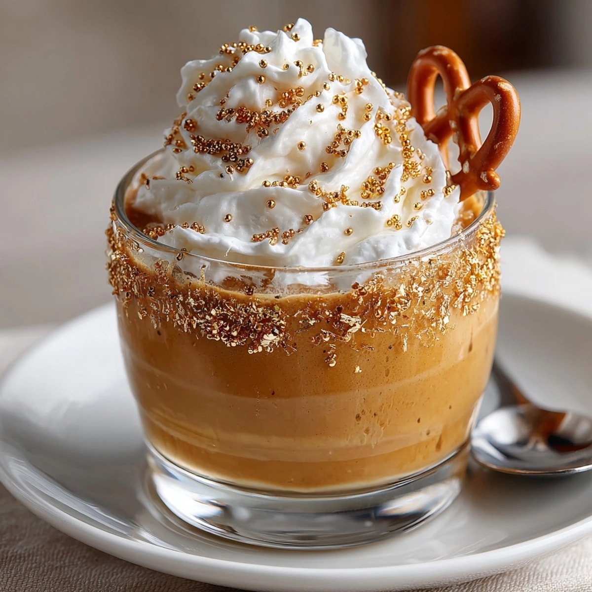 Boozy Butterscotch Potion Pudding Shots: Layers of pudding and whipped cream in clear glasses.