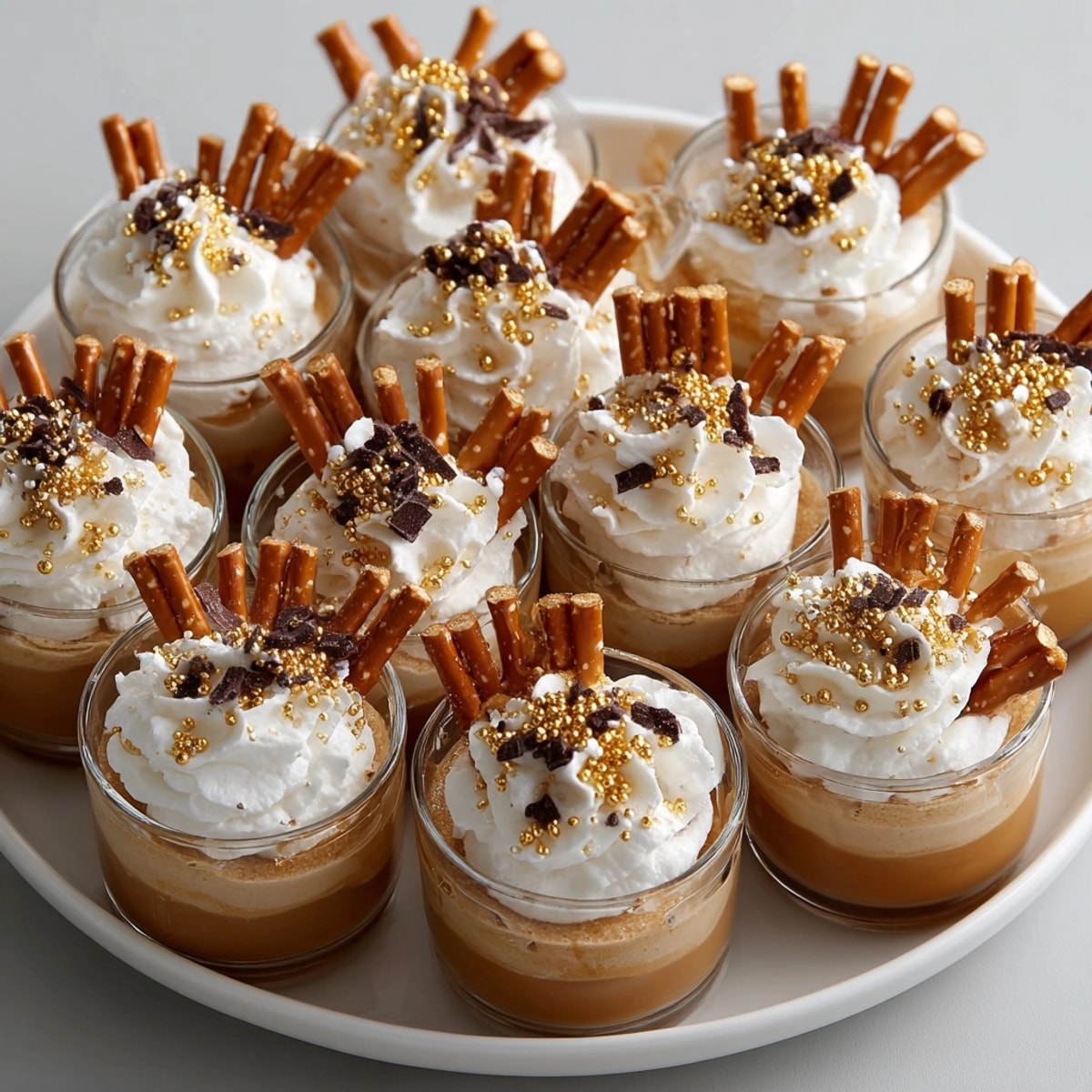 Festive Butterscotch Pudding Shots recipe, prepared with butterscotch schnapps and garnished with gold sprinkles.