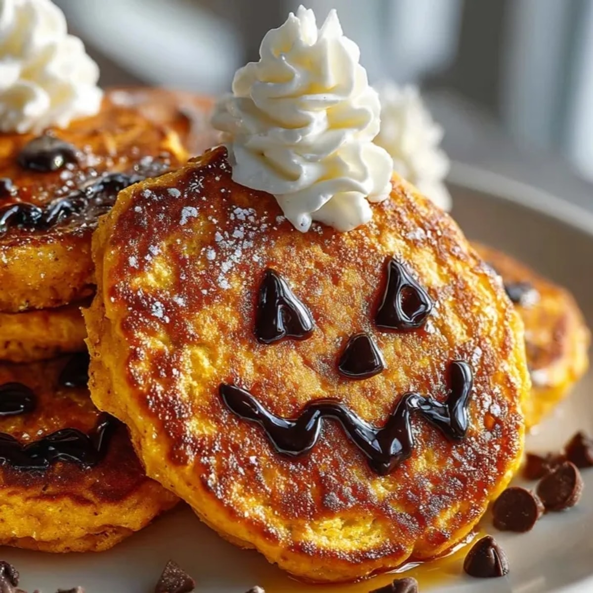 Golden Gluten-Free Pumpkin Pancakes, warmly spiced and stacked with Jack-o'-lantern faces, ready to eat.