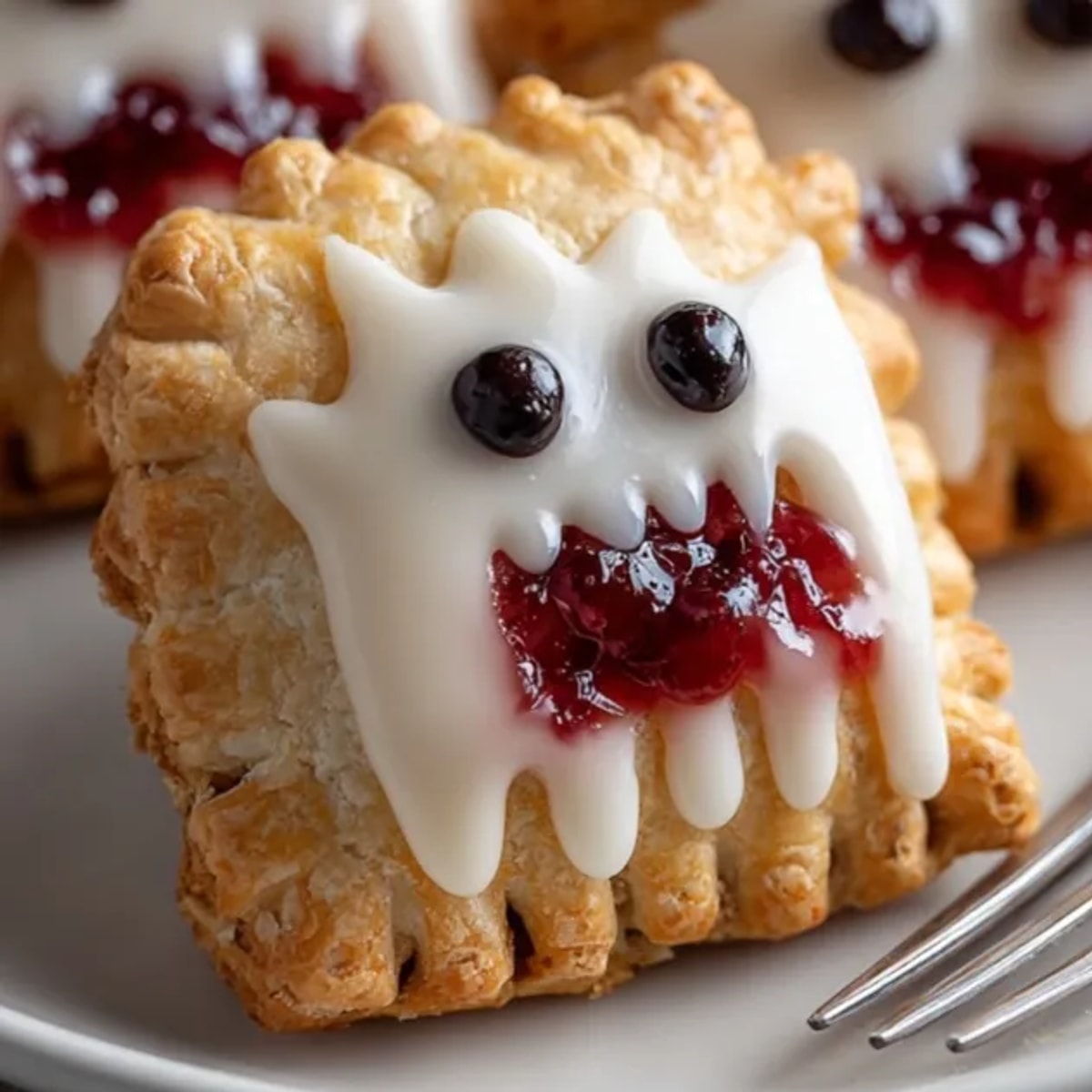 Golden baked Homemade Ghost Pop-Tarts, iced and decorated with spooky faces, cooling on parchment.