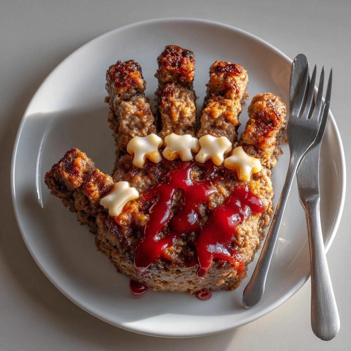 A terrifying Zombie Meatloaf Hand, shaped realistically with almond fingernails, baking and ready to devour.
