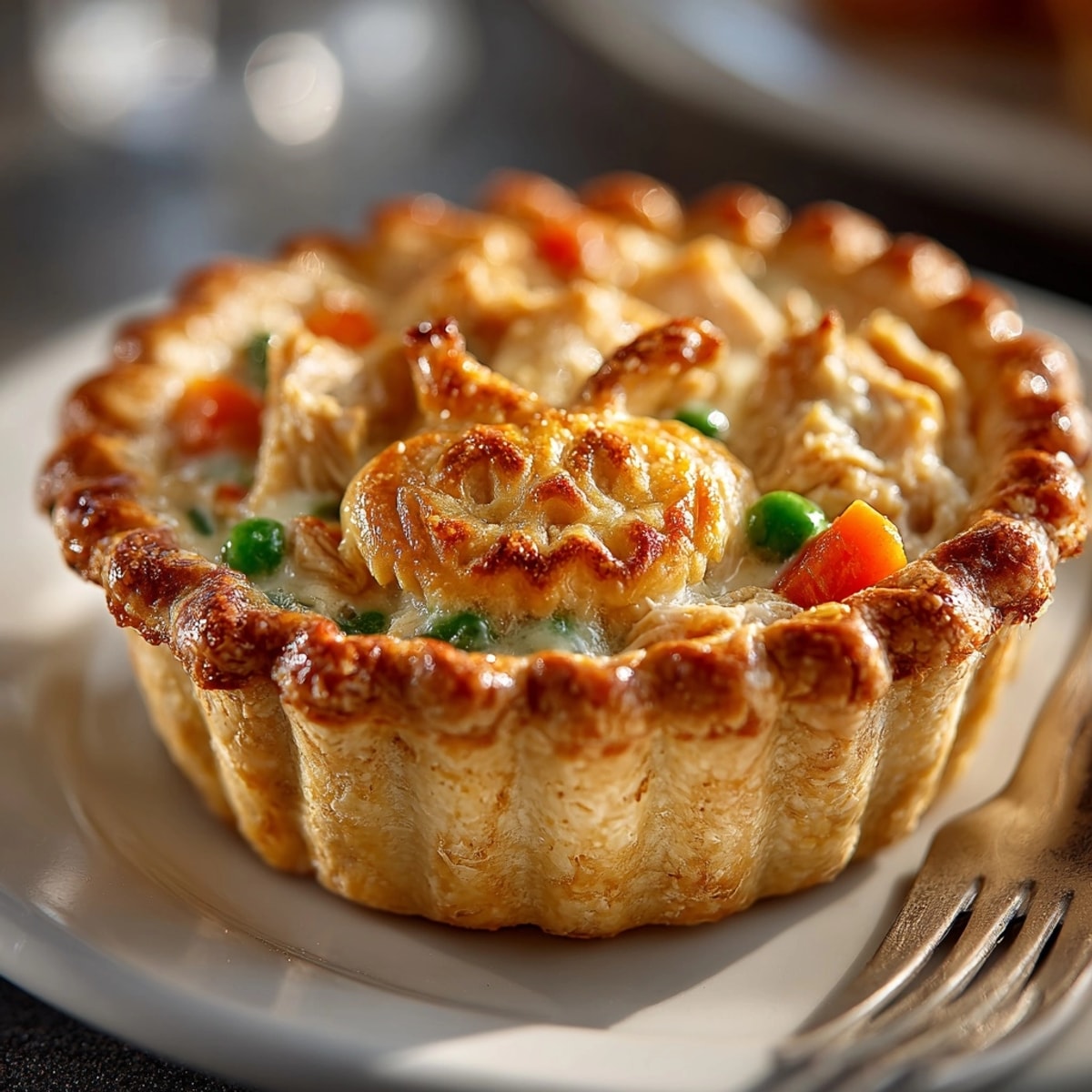 Overhead view: Baked Jack-o'-Lantern Pot Pie with golden crust, savory chicken filling showing.