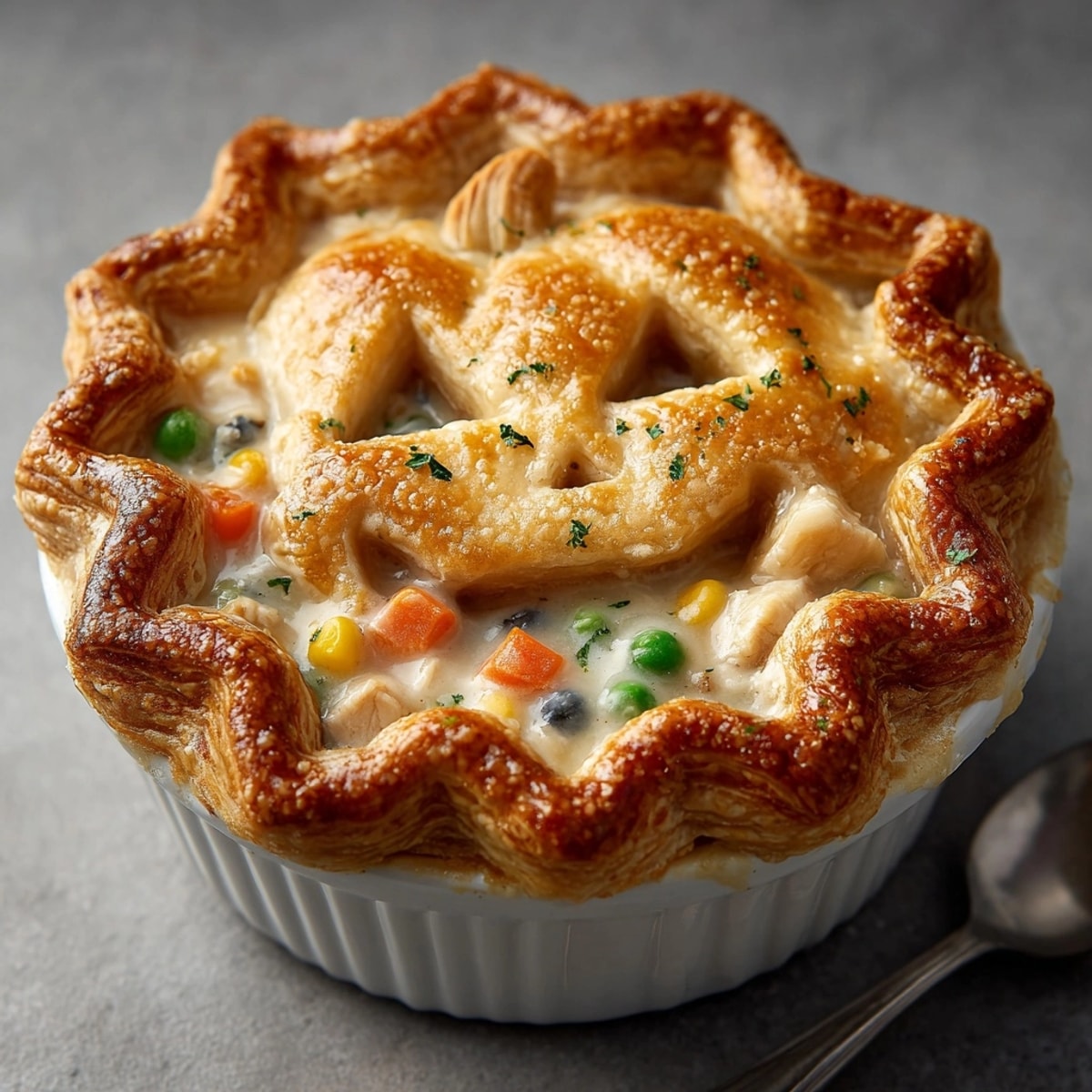 Close-up of a single slice of Jack-o'-Lantern Pot Pie, steam rising, ready to serve.