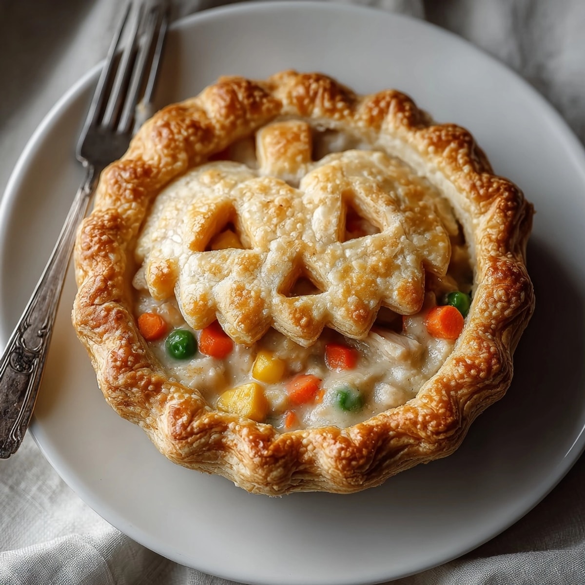 Golden Jack-o'-Lantern Pot Pie, spooky carving on a flaky crust over chicken and veggies.