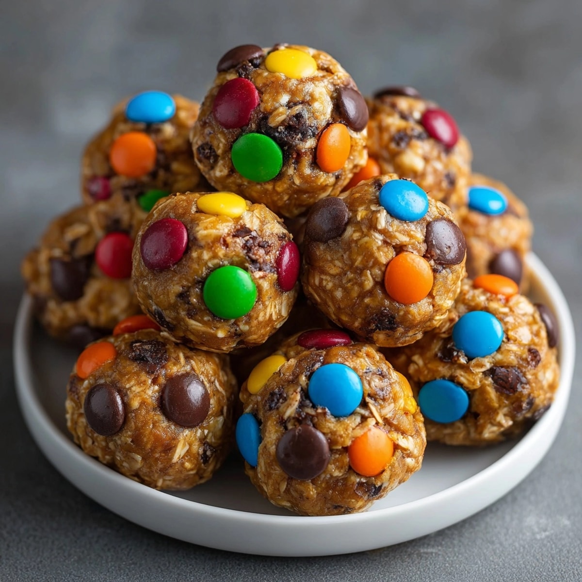 Close-up of vibrant "Monster Mash Protein Balls," a no-bake, colorful, oat-filled snack.