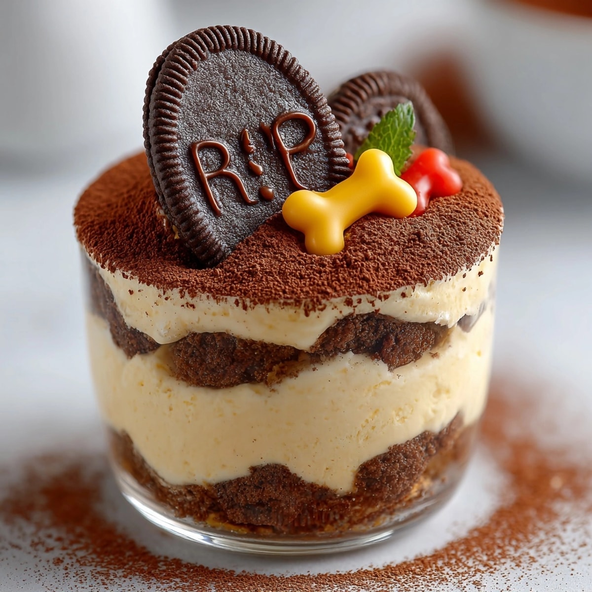 Creamy homemade Graveyard Tiramisu Cups dusted with cocoa and decorated for a spooky dessert.