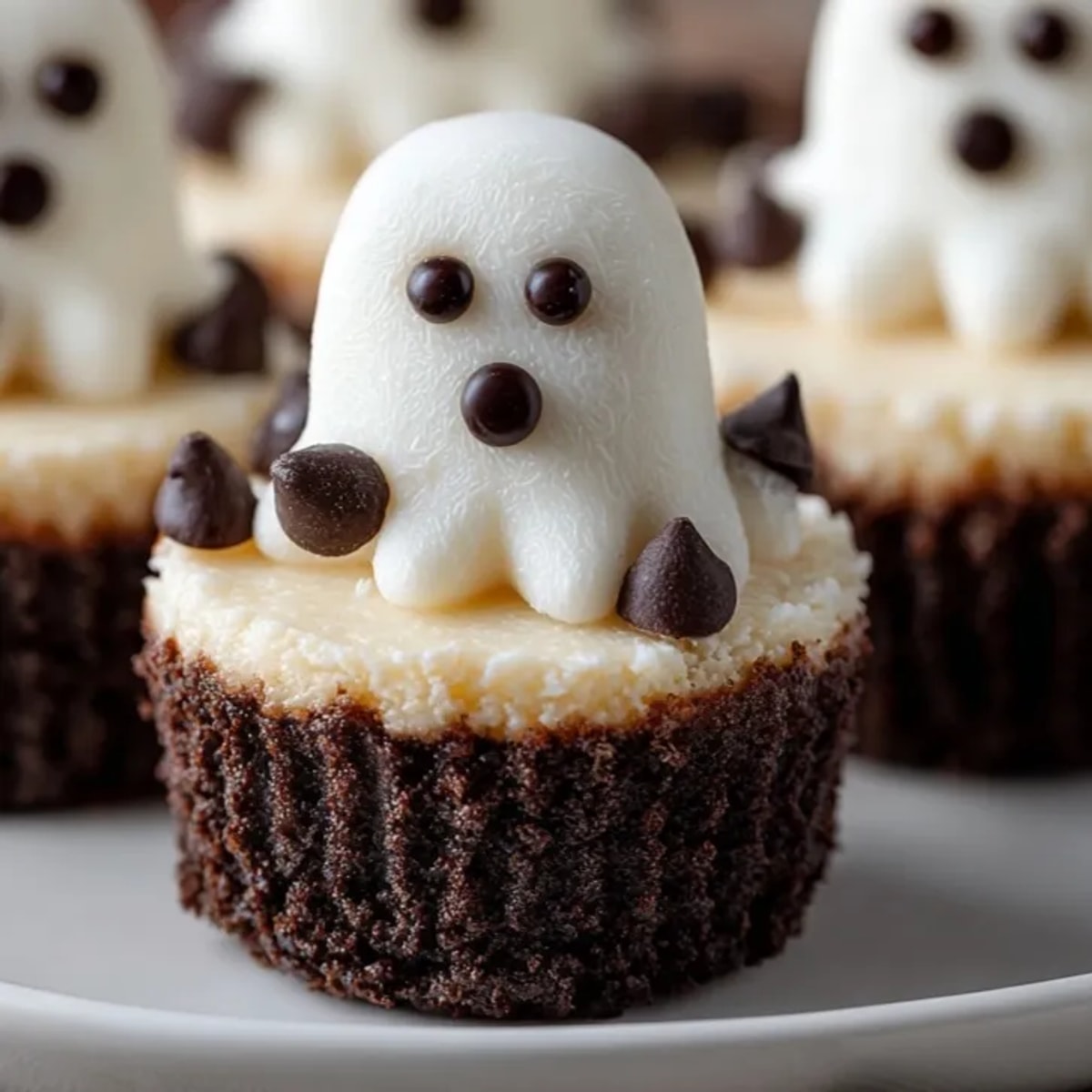 Creamy mini ghost cheesecake cups: a delightful Halloween dessert with sweet, ghostly swirls.
