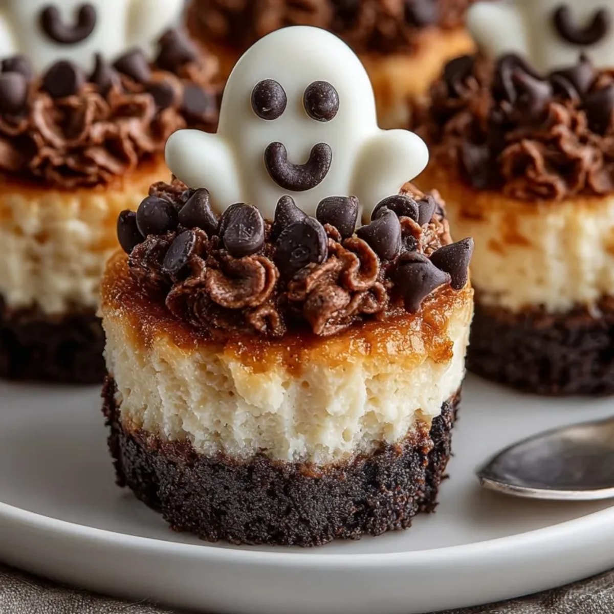 Easy mini ghost cheesecake cups are festive, bite-sized treats with cookie crusts and melted chocolate.