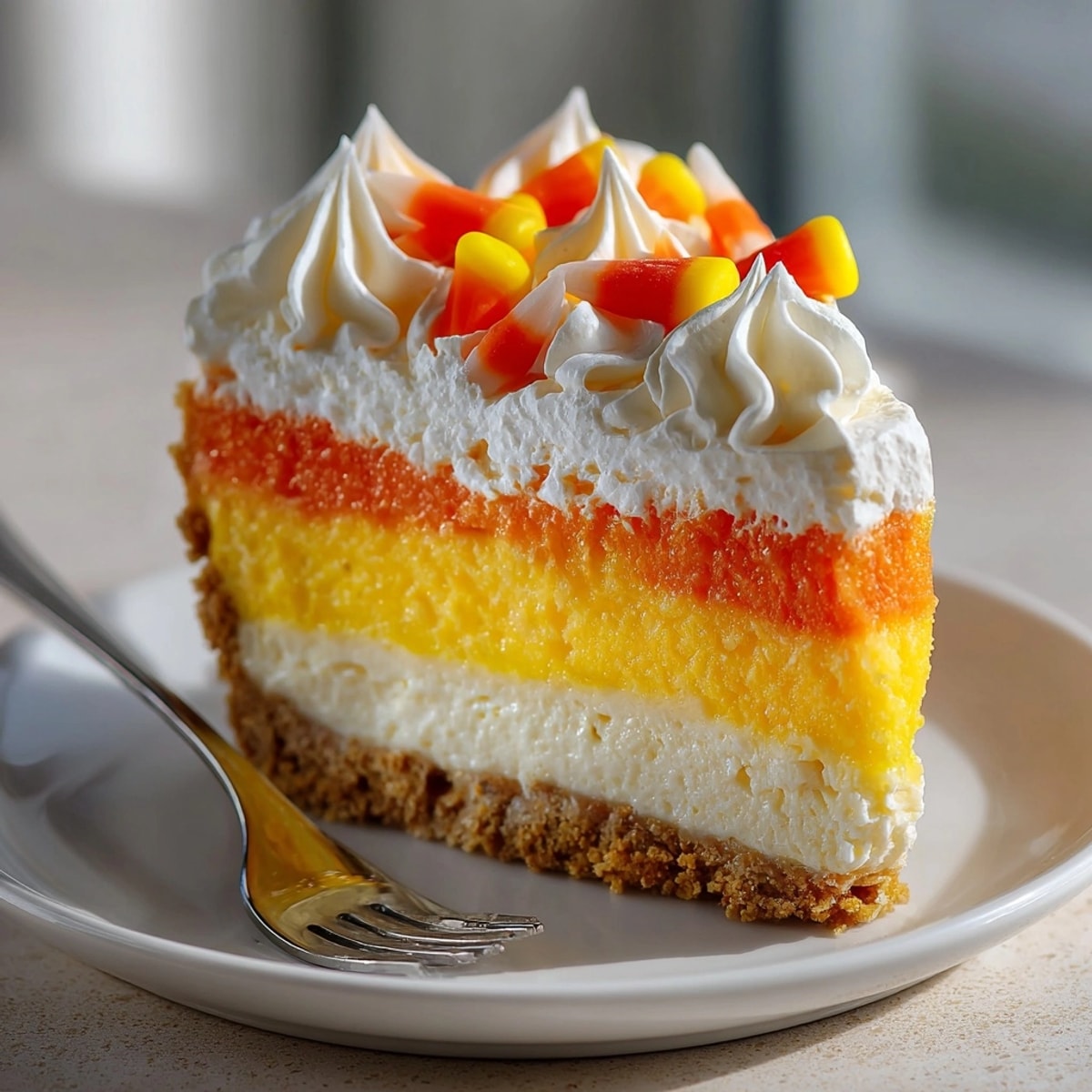 Candy Corn Cheesecake with vibrant tri-color layers, a perfect Halloween cream cheese dessert.