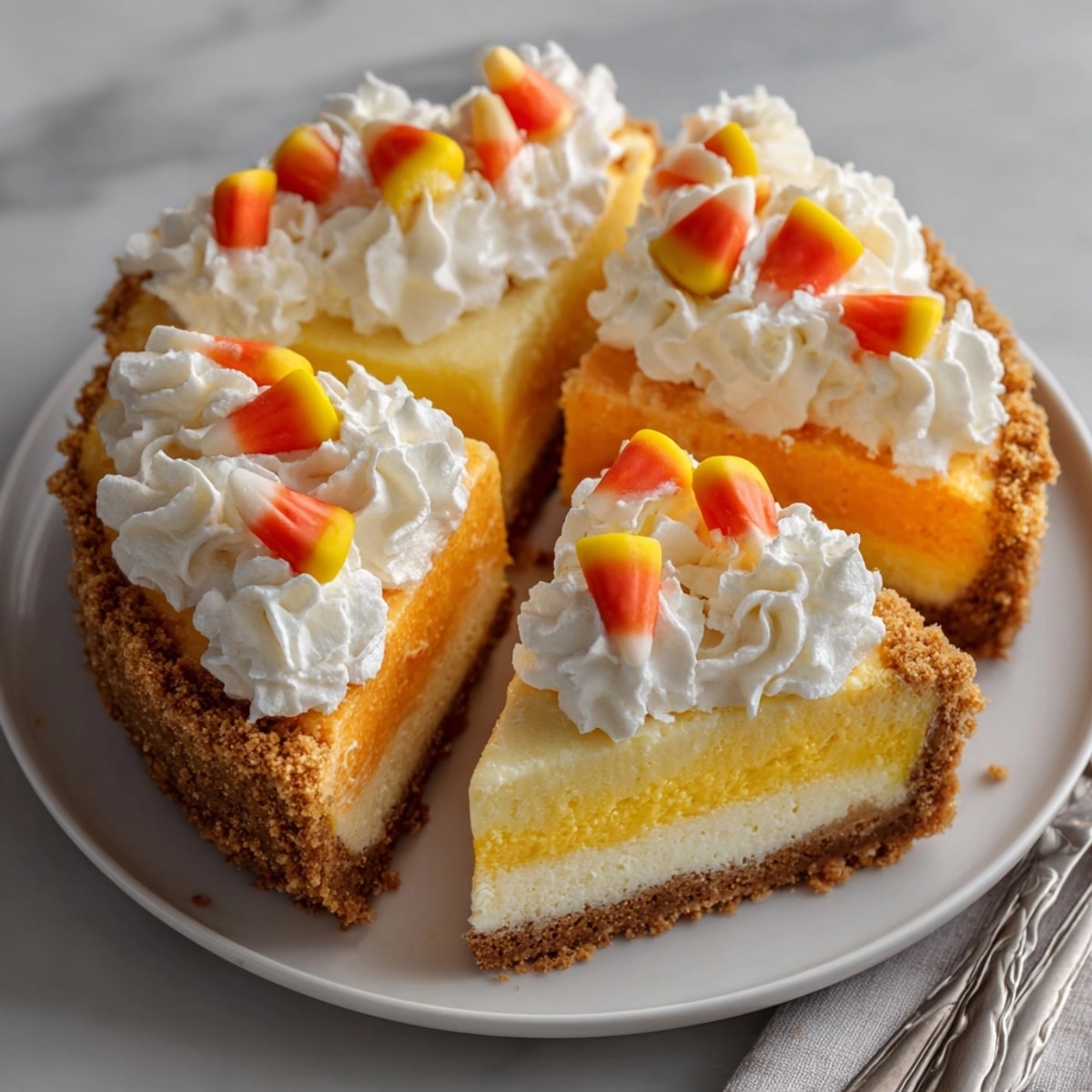 Delicious Candy Corn Cheesecake: Imagine creamy, tri-layered slices, garnished festive candy corn.
