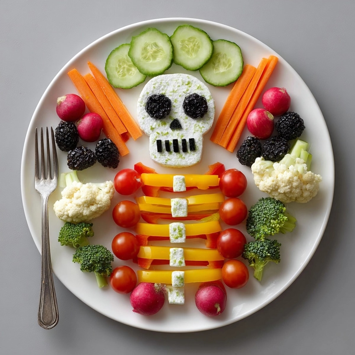 An artfully arranged Skeleton Veggie Platter features colorful vegetables shaped into a whimsical skeleton.