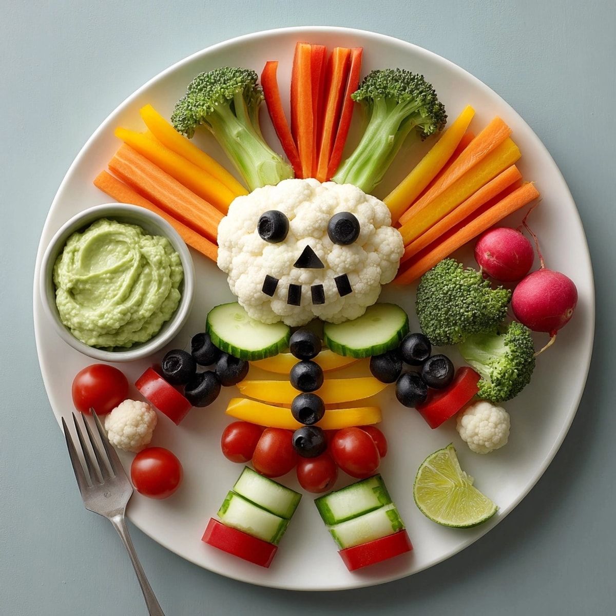 Festive Skeleton Veggie Platter with a luscious green avocado dip, perfect for adding excitement to snacks.