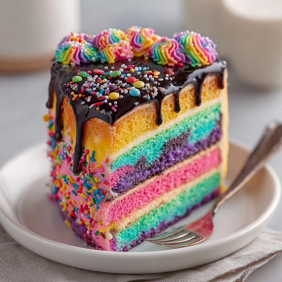 Rainbow colored Neon Monster Drip Layer Cake with bright, towering swirls of buttercream frosting.