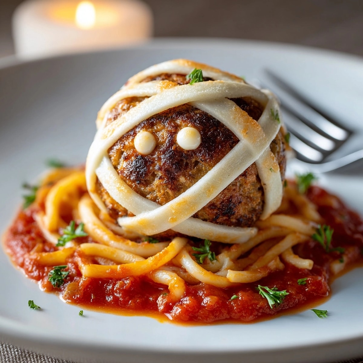 Baked mummy meatballs recipe–savory bites wrapped in pasta bandages with candy eyes.