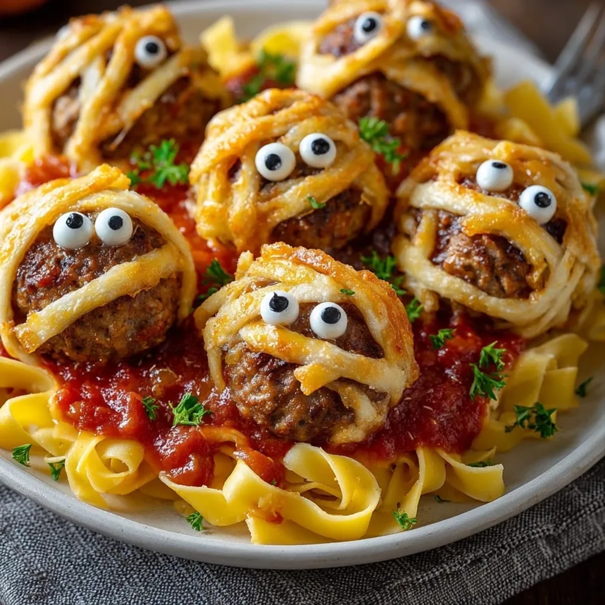 Warm, saucy mummy meatballs with marinara and pasta, a spooky Halloween treat.