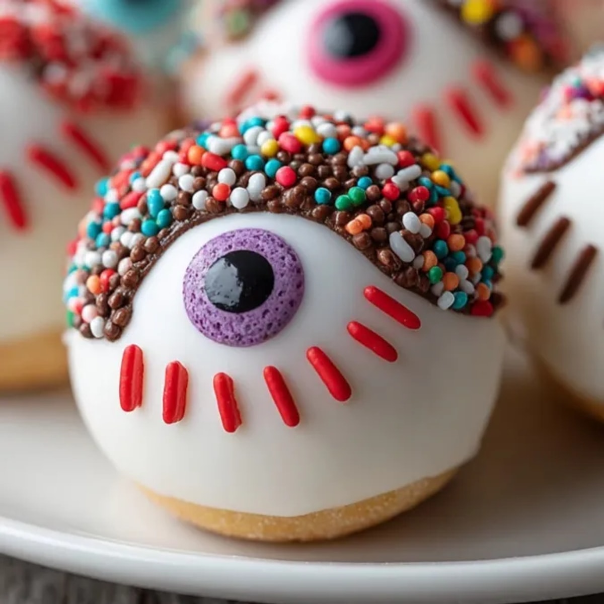 Close-up of gooey, white-chocolate glazed Monster Donut Hole Eyeballs displayed on a spooky platter.