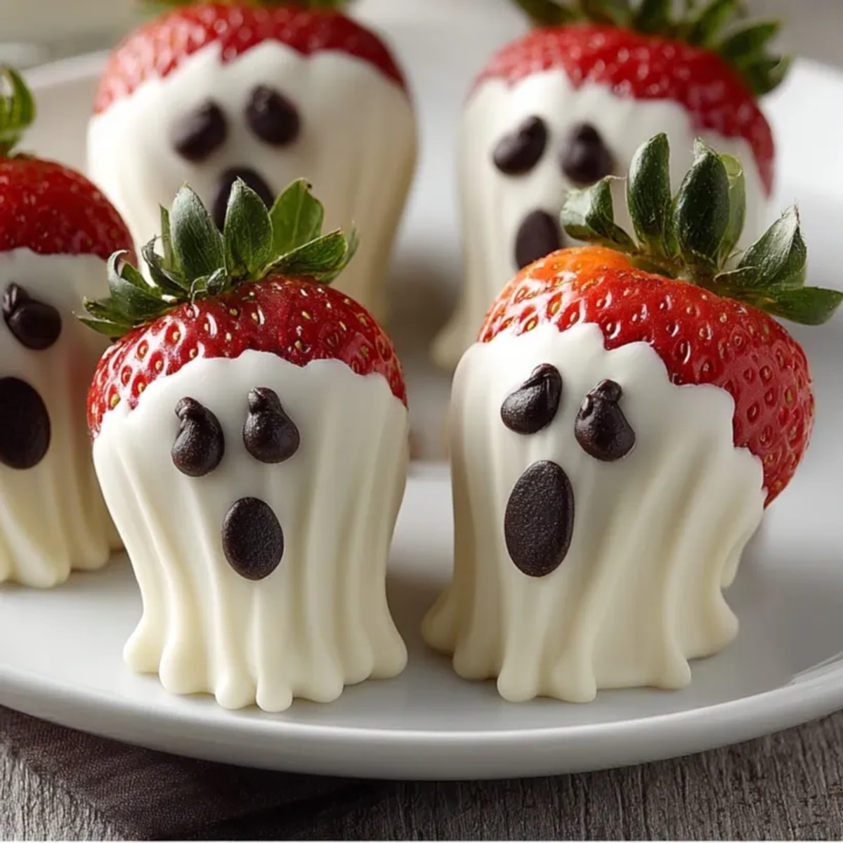 Freshly dipped white chocolate ghost strawberries on parchment, ready for spooky Halloween fun.