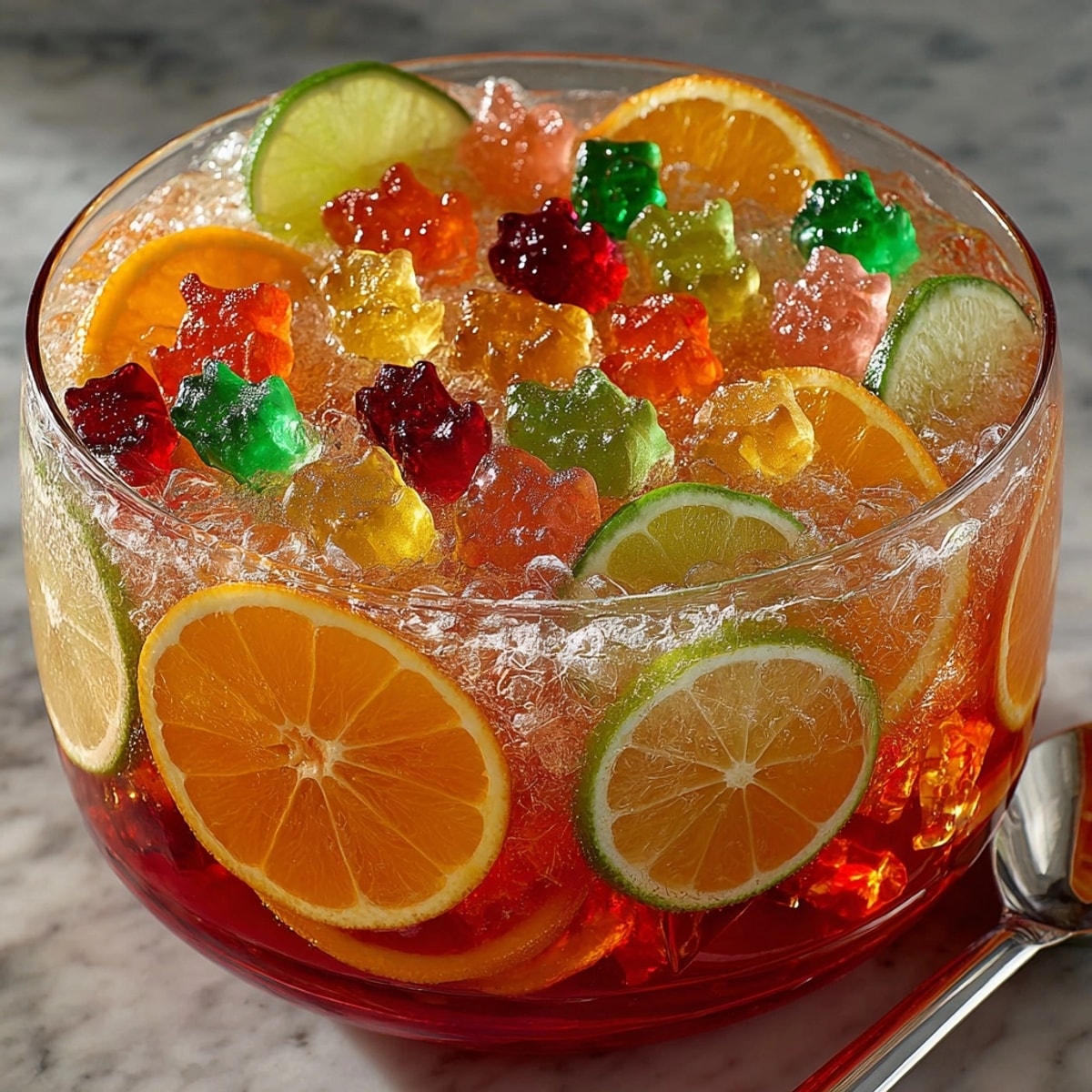 Swirling, spooky Witch’s Brew Party Punch in a glass bowl, garnished with citrus.